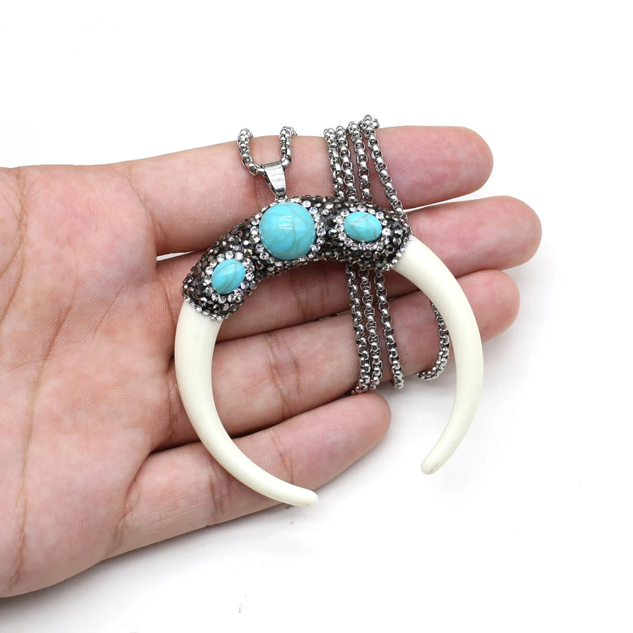 Natural Stone Horn Necklace Reiki Heal Turquoise Rhinestone Crescent Moon Pendant Stainless Steel Chain Boho Necklaces Jewelry - Charlie Dolly