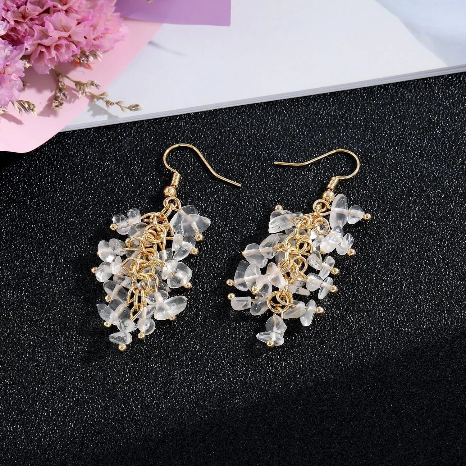 Natural Stone Crystal Grape Tassel Earrings Raw Gemstone Amethyst Lapis Lazuli Tiger's Eye Rose Quartz Chakra Crystal Earring