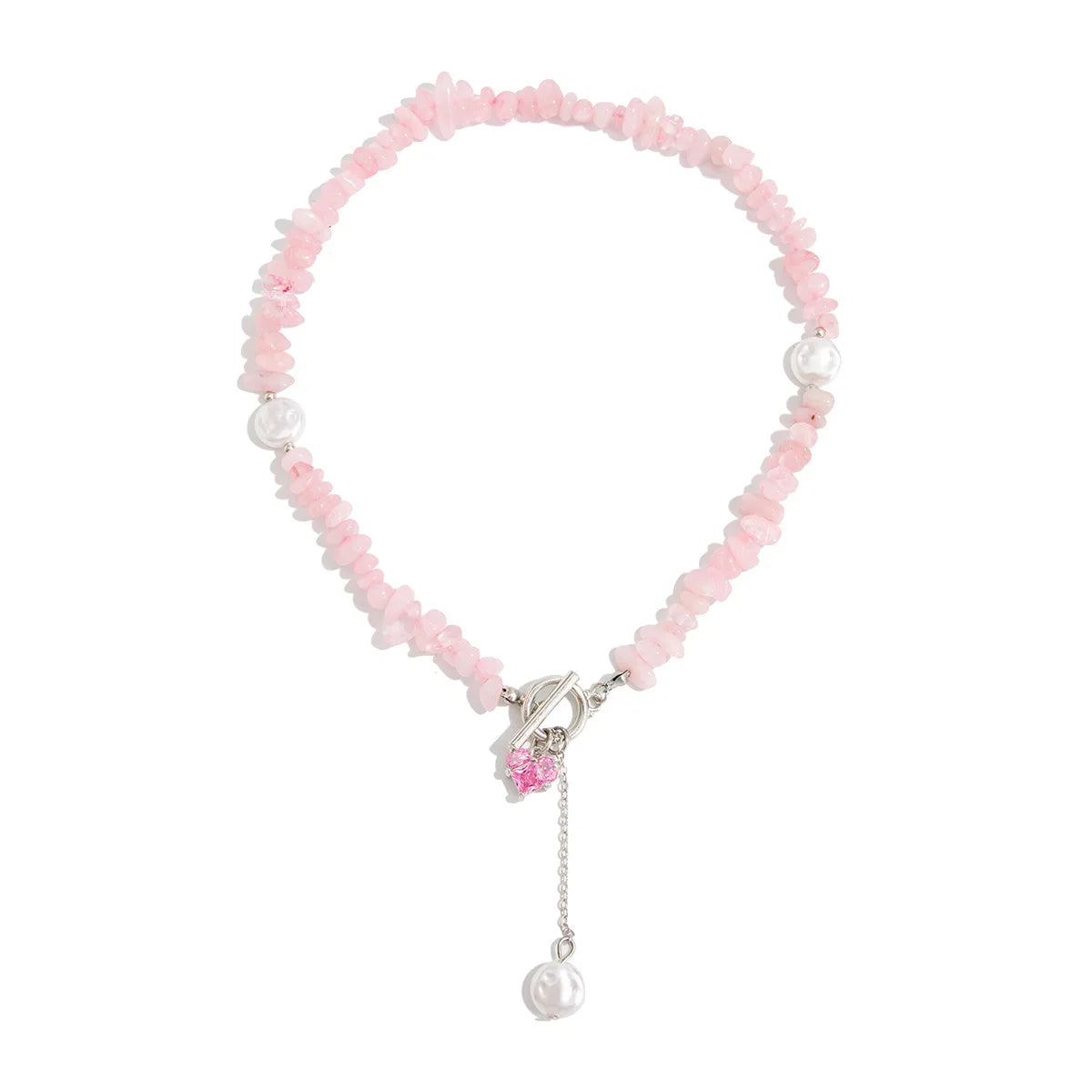 Boho Pink Zircon Heart Circular Imitation Pearl Pendant Necklace 2026 Sweet Natural Stone Chain Style Girls Fashion Jewelry
