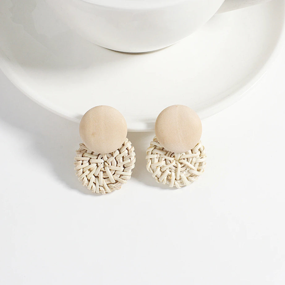 Wooden Rattan Braid Geometric Drop Earrings Jewelry