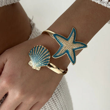 Boho Summer Starfish Shell Open Bangle for Women Gold Color Metal Blue Enamel Marine Bracelet Fashion Beach Vacation Jewelry