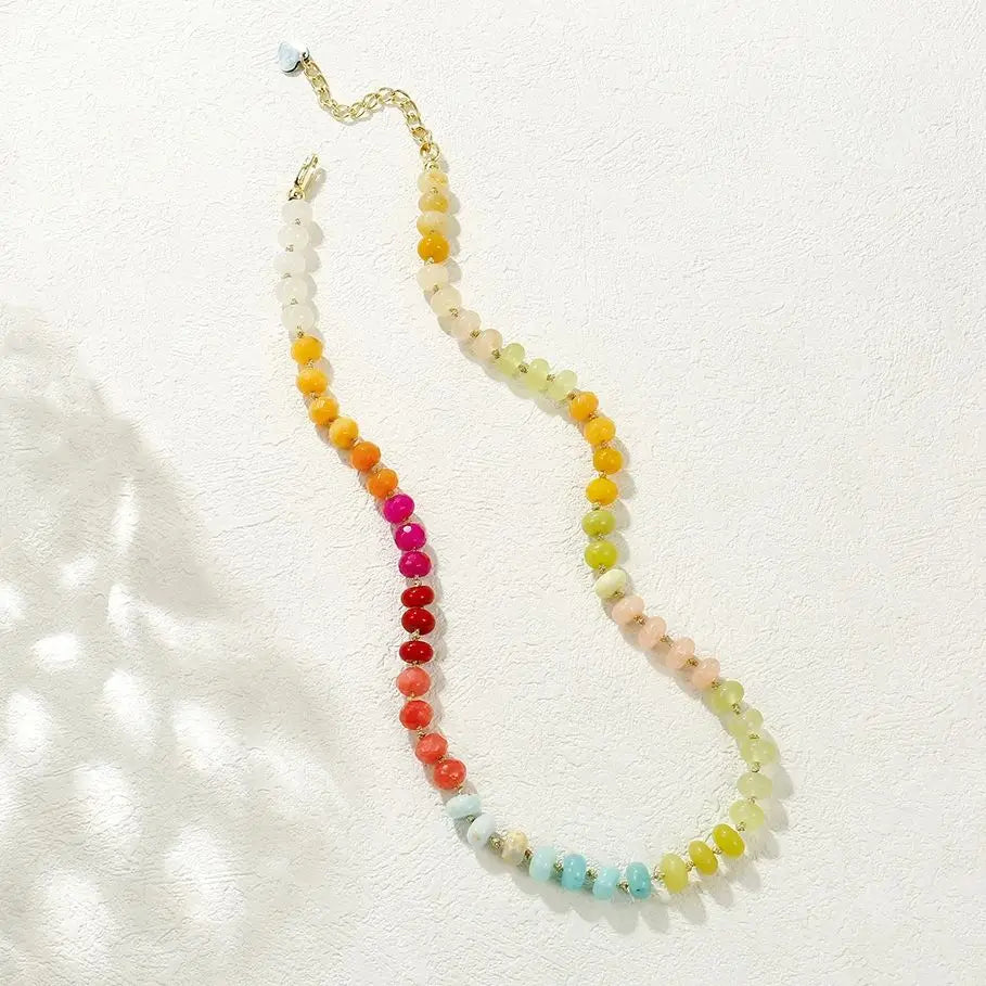 Badu Rainbow Gemstone Beaded Necklace Colorful Natural Stone Choker Necklace Summer Beach Vacation Women's Fashion Boho Jewelry