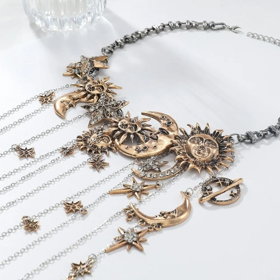 Sun Moon Star Layered Tassel Necklace Jewelry