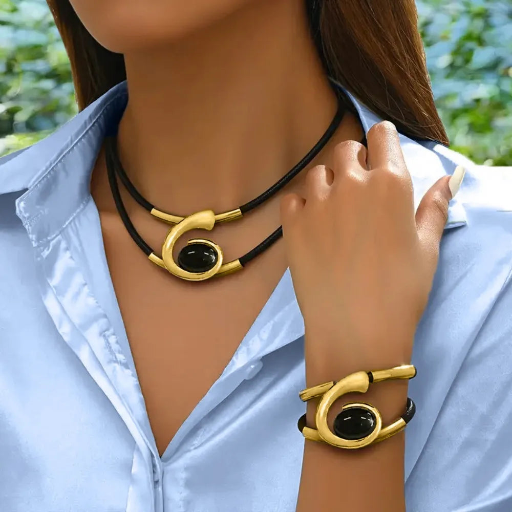 Spiral Gemstone Leather Necklace Bracelet Set Jewelry