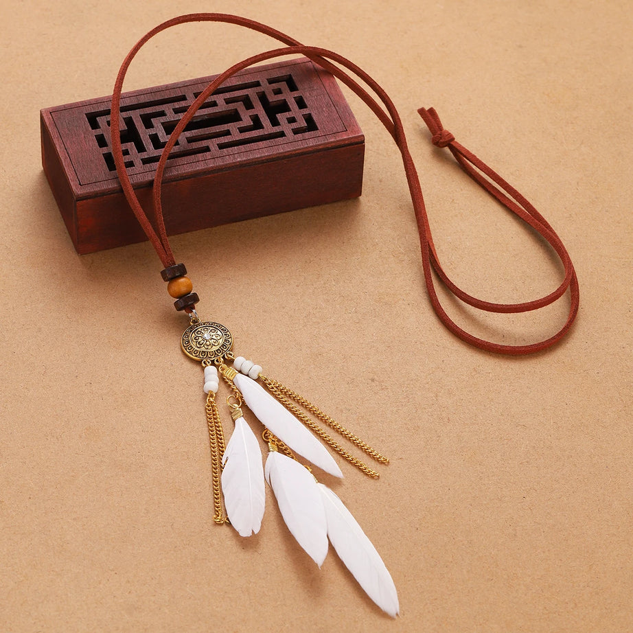 Rope Bead Feather Pendant Long Necklace Jewelry