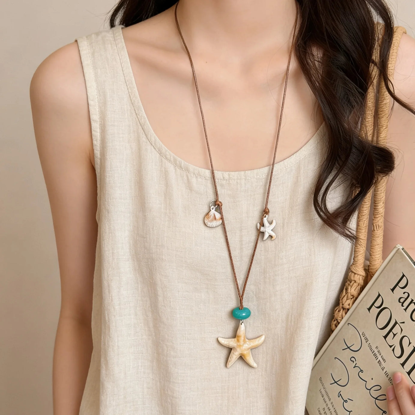 Starfish, Nautilus and Conch Wax Rope Clavicle Necklace