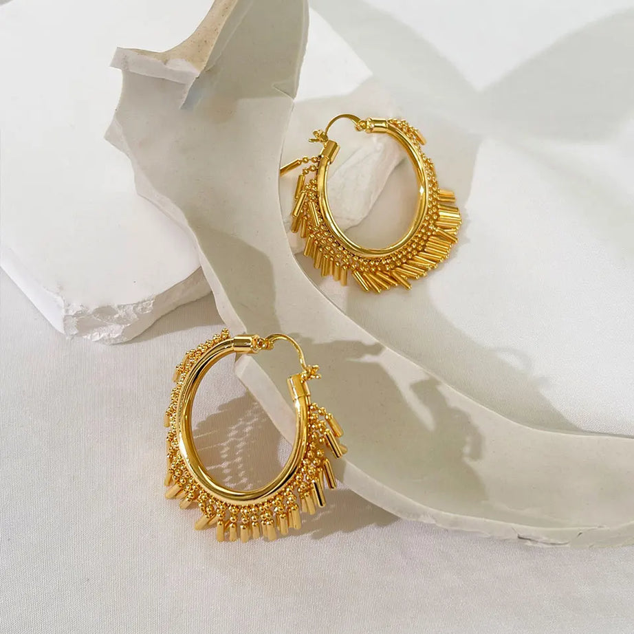 Gold Bead Bar Tassel Hoop Huggie Earrings Jewelry