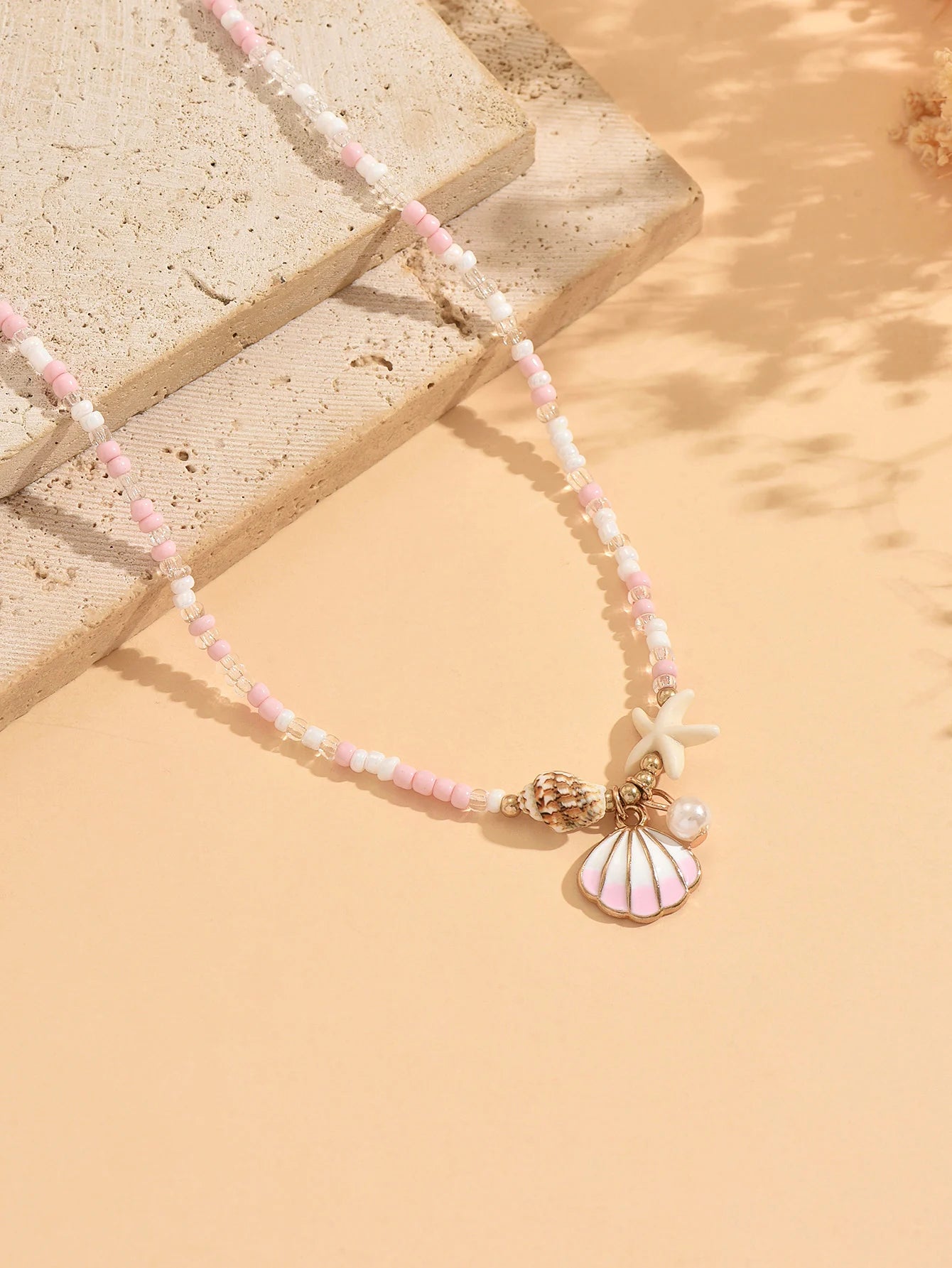 Pink White Beaded Choker Necklace Shell Starfish Faux Pearl Pendant Boho Summer Beach Vacation Daily Jewelry