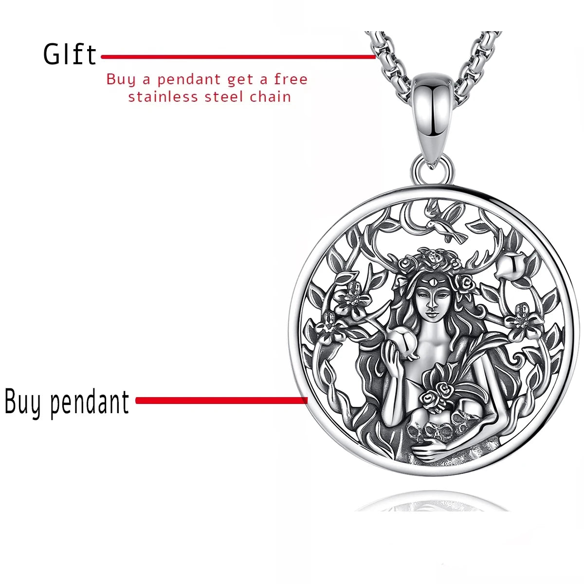 Eudora 925 Sterling Silver Dark Goddess Persephone Necklace Pomegranate Skull Pendant Greek Mythology Pagan Jewelry Gift Unisex