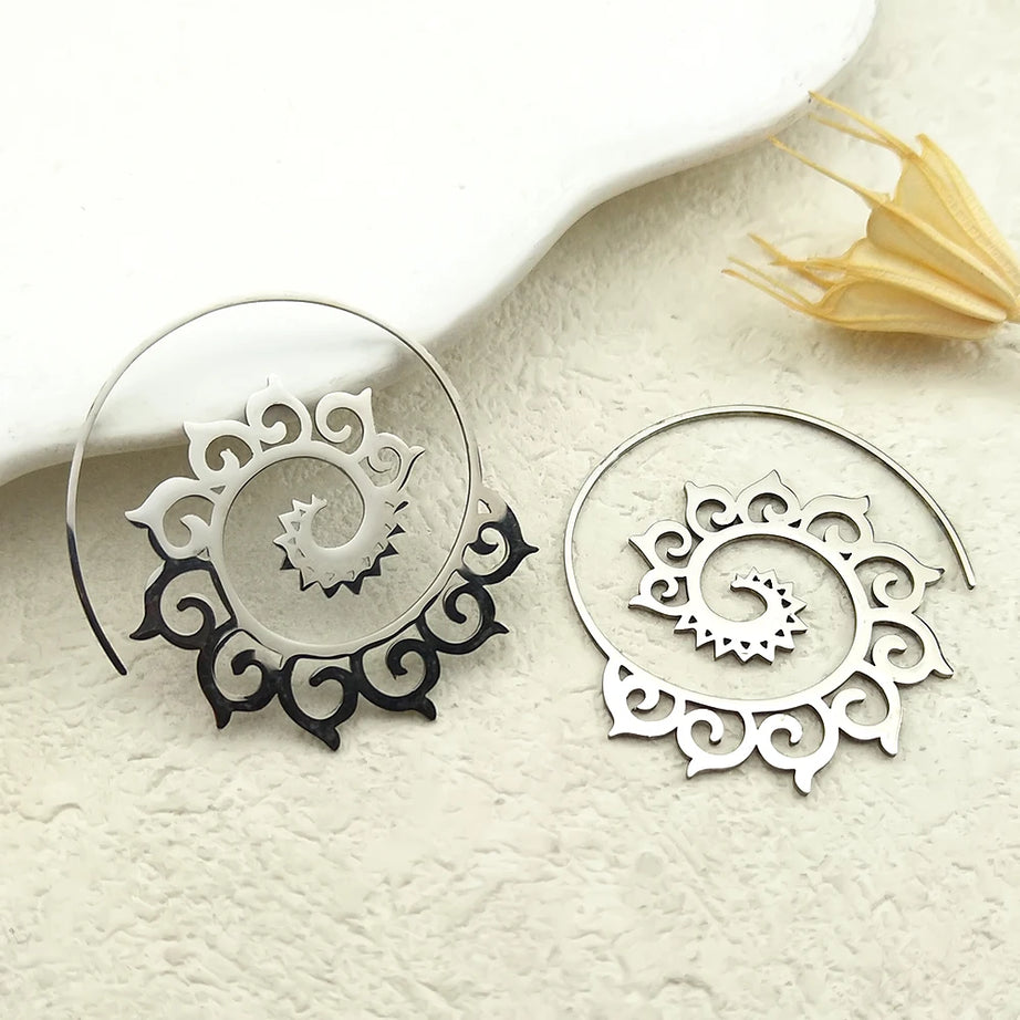 Mandala Spiral Steel Hoop Earrings Jewelry