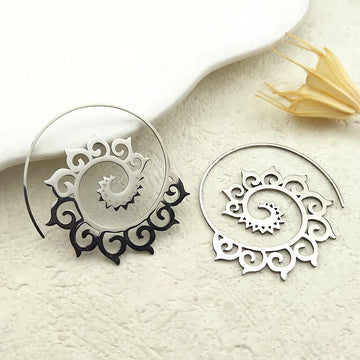Indian Tribal Ethnic Stainless Steel Spiral Hoop Earrings Bohemian Mandala Flower Boho Earrings Women  Jewelry aros mujer E9205