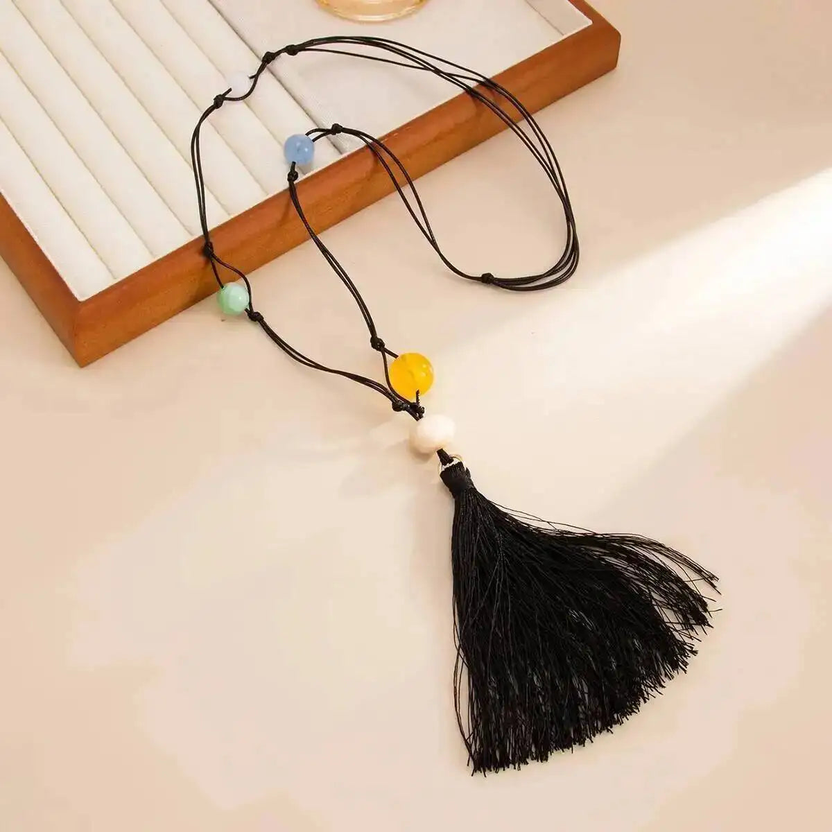 Resin Bead Tassel Leather Cord Necklace Jewelry