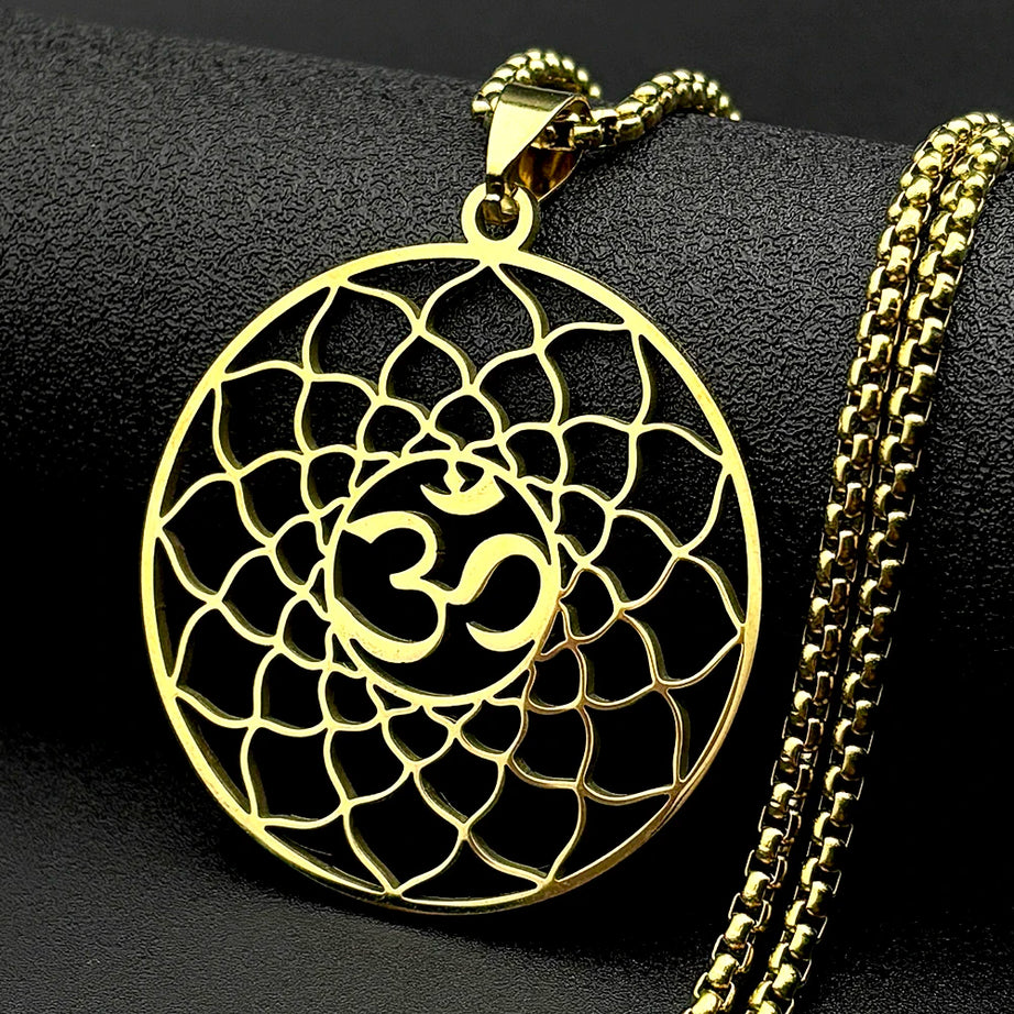 Lotus Flower of Life & Hindu Om Yoga Amulet Necklace, Sacred Geometry Talisman