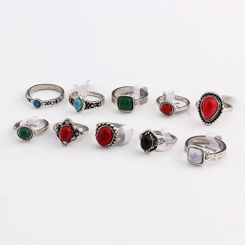 10 Pcs Mixed Random Women Boho Style Natural Green Red Stone Rings Tibetan Silver Tone Size 16 17 18 Finger Rings Jewelry Gifts