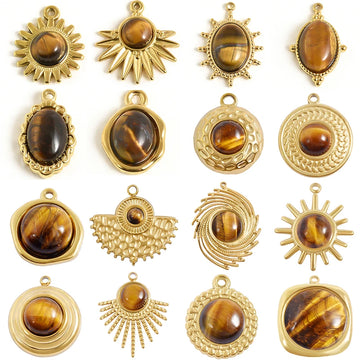 5pcs Real Natural Stone Tiger Eye Charm Sun Eye Oval Boho Pendant Gold Color Stainless Steel Pendants For Jewelry Making Finding