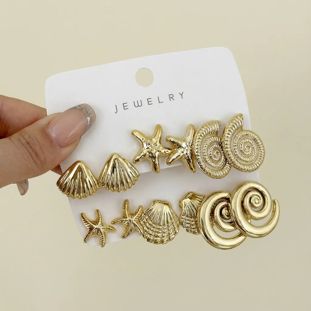 3 Pairs Gold Color Starfish Shell Stud Earrings Set for Women Fashion CCB Lightweight Star Earrings Boho Jewelry Accessories