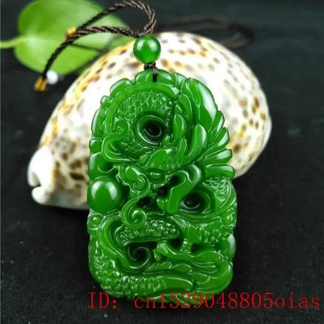 Green Hetian Jade Dragon Pendant, Natural Jasper Lucky Amulet Necklace