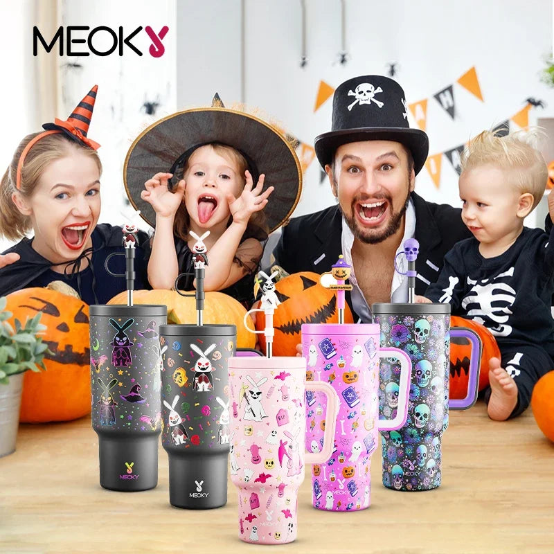 Meoky 40oz Tumbler Handle with Straw Cute Stopper Stainless Steel Insulation Coffee Cup Luminous Vacuum Car Mug Halloween Gifts - Charlie Dolly