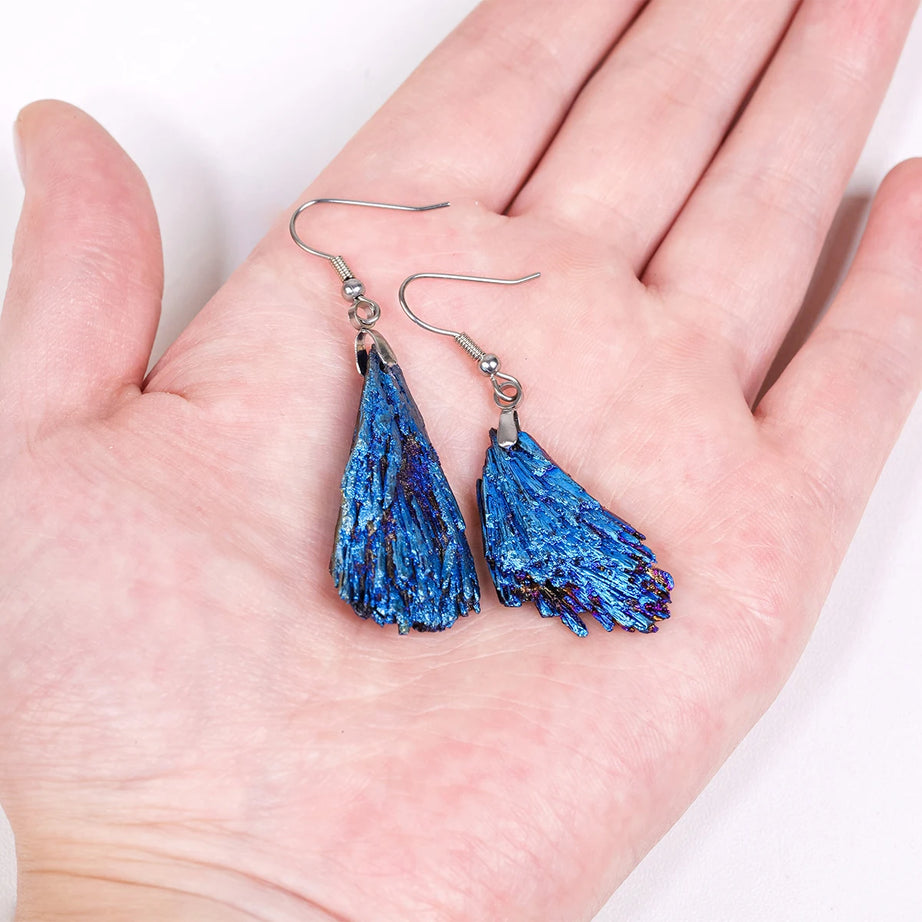 Aura Blue Tourmaline Feather Drop Earrings, Healing Crystal Chakra Boho Jewelry