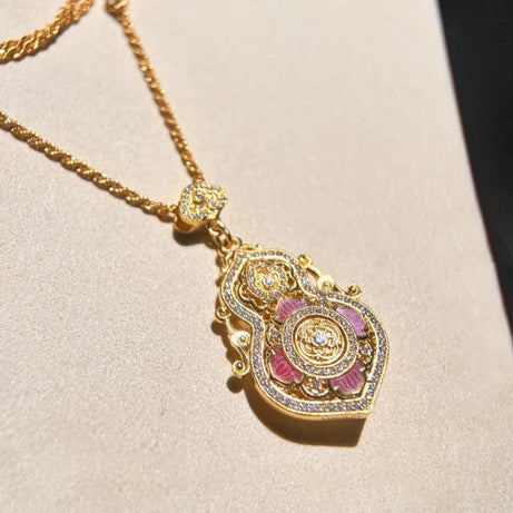 Vintage Ruyi Gourd Lotus Pendant, Chinese Court-Style Blessing Necklace