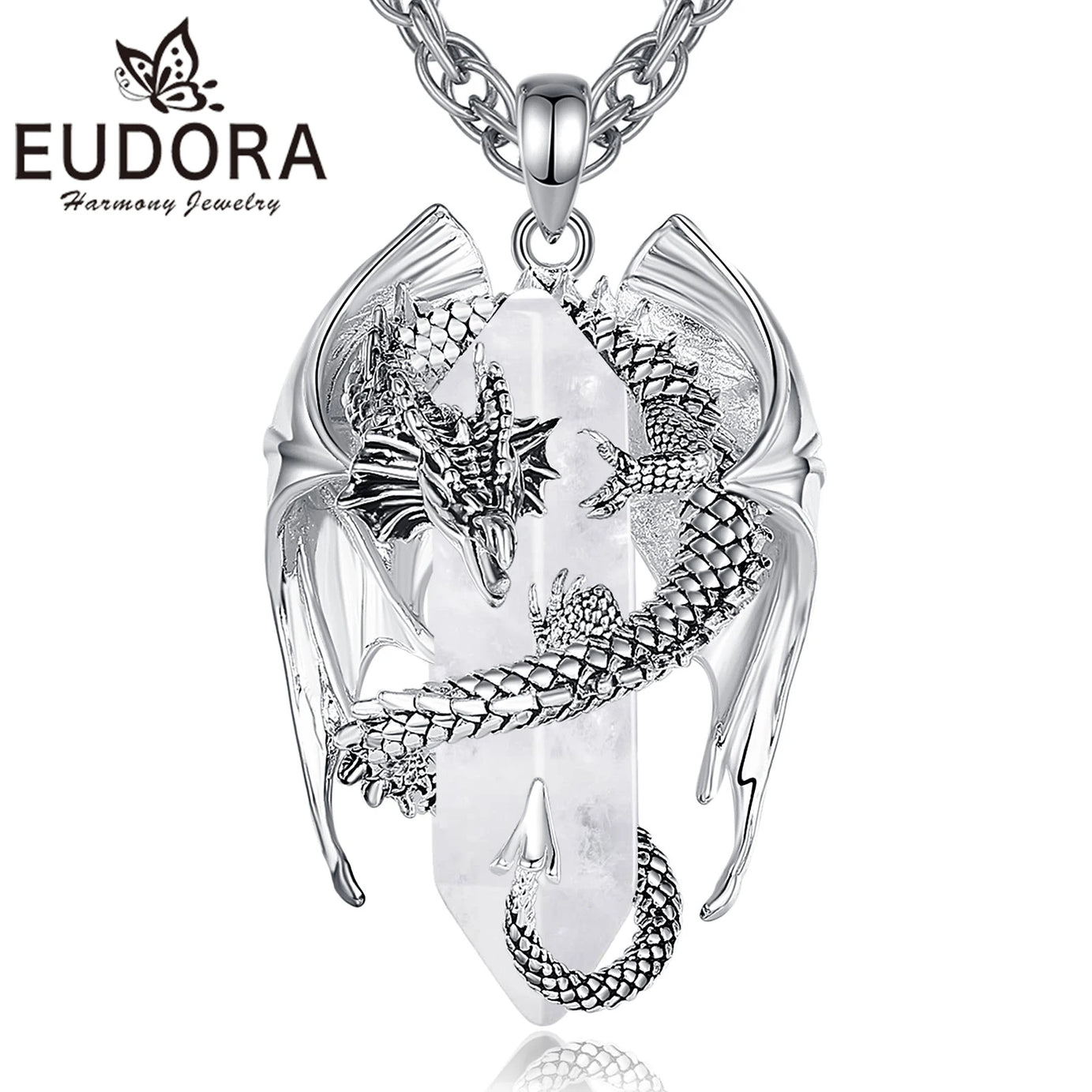 Natural Clear Quartz Dragon Pendant Necklace, Hexagonal Healing Crystal Amulet