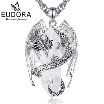 Eudora Dragon Twining Hexagonal Clear Quartz Prismatic Necklace Punk Natural healing stone White Crystal Pendant Jewelry for Man