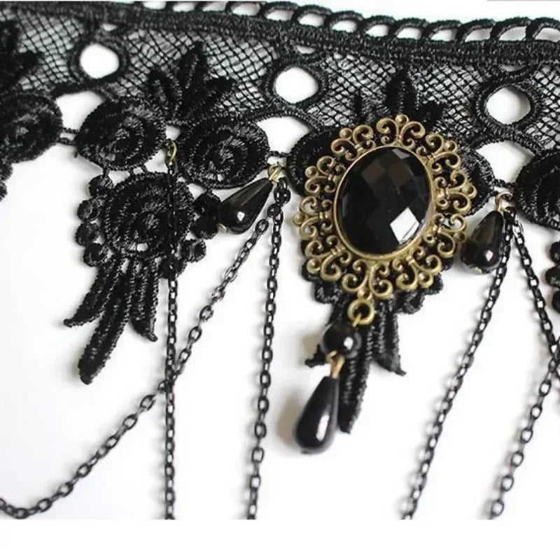 NEW Gothic Victorian Black Water Drop Pendant Lace Necklace Women Girl Tassel Steampunk Style Halloween Jewelry Earings for Girl - Charlie Dolly