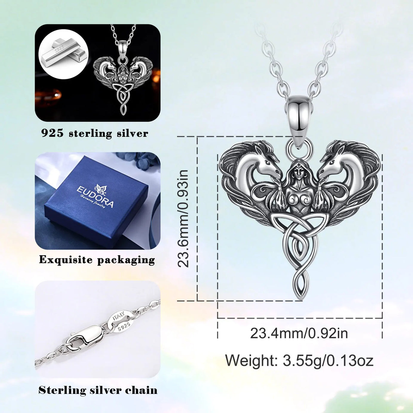 Celtic Horse Trinity Knot Necklace, S925 Sterling Silver