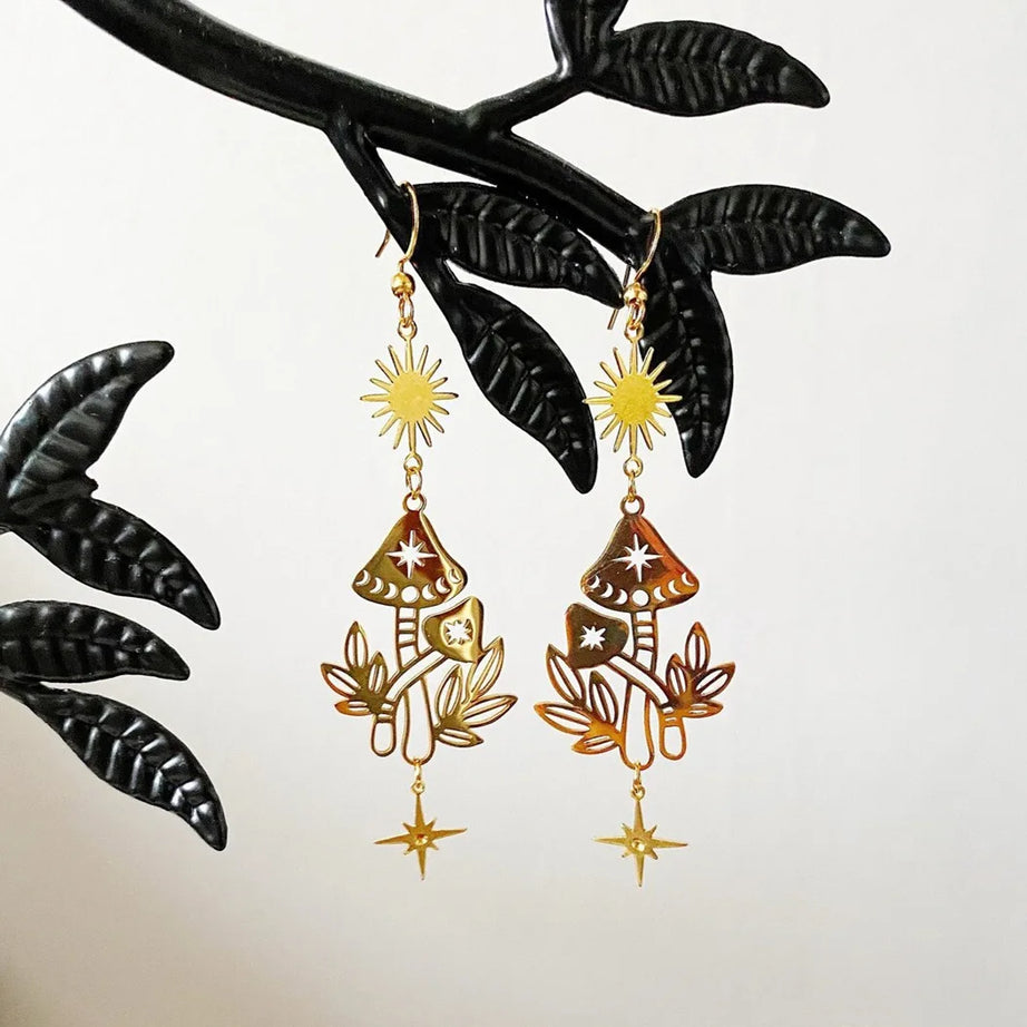 Moon Phase Mushroom Drop Earrings