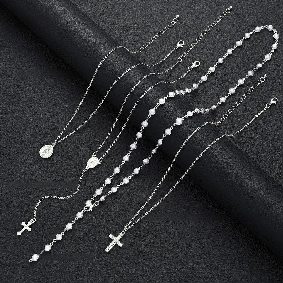 Silver Pearl Cross Pendant Layered Necklace Set Jewelry