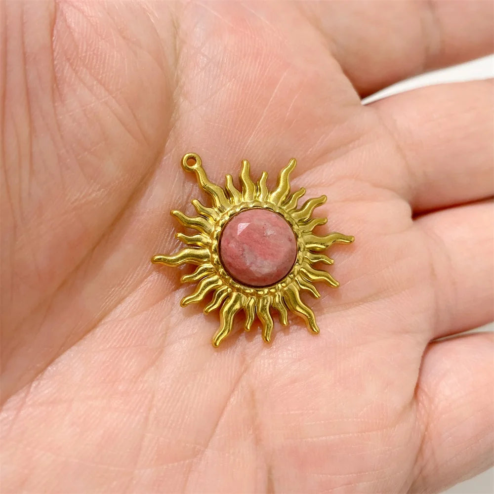 2pcs 25x30mm Gold Color Sun Shape Natural Stone Pendant Inlaid with Lapis Lazuli Gem Charm for Jewelry Making Necklace Earring