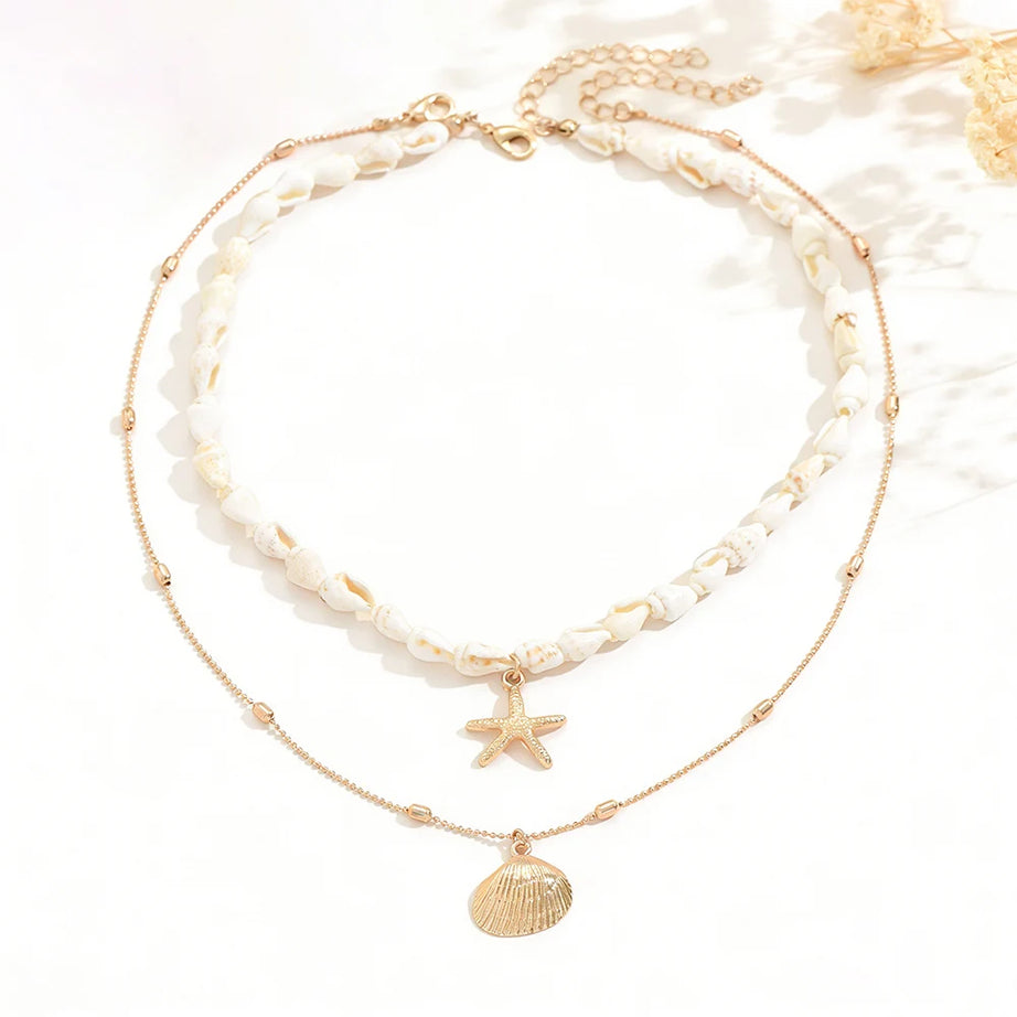 Cowrie Shell and Pearl Layered Boho Necklace Set (3 Pieces)