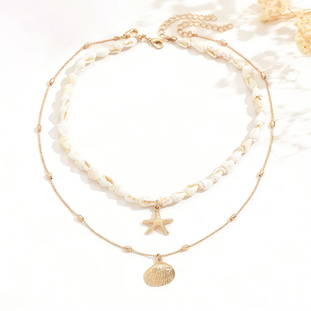 3Pcs Layered Cowrie Shell Imitation Pearl Necklace Set Starfish Shell Pendant Boho Summer Beach Jewelry for Women