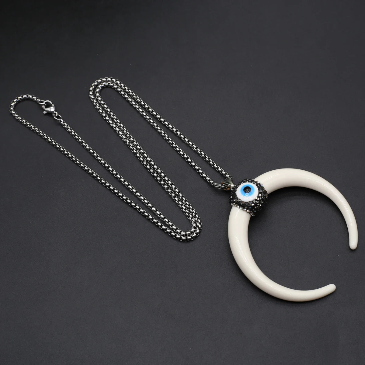 Natural Stone Horn Necklace Reiki Heal Turquoise Rhinestone Crescent Moon Pendant Stainless Steel Chain Boho Necklaces Jewelry