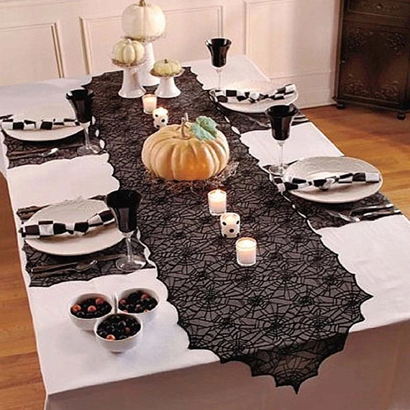 Halloween Bat Table Runner Black Spider Web Lace Tablecloth Fireplace Curtain for Halloween Party Home Decoration Horror Props - Charlie Dolly