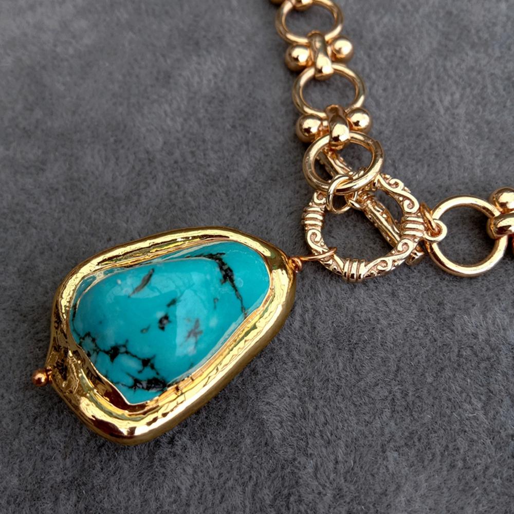 KKGEM  Gold Plated Link Chain 22x28mm Blue Turquoise Pendant   Chokers Necklace Designer Gems Jewelry