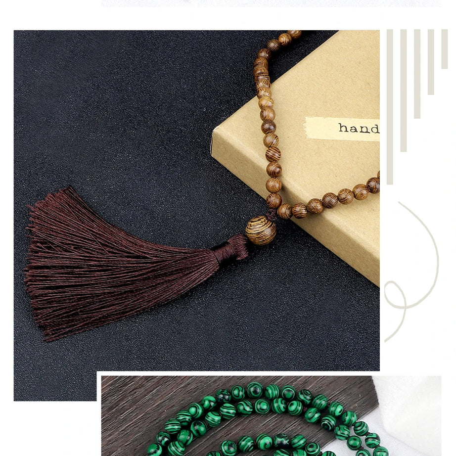 Men Natural Malachite Stones Necklaces Boho 108 Tiger Eye Beads Handmade Necklace with Tassel Yoga Medit Jewelry Gifts For Women - Charlie Dolly