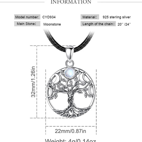 S925 Sterling Silver Tree of Life Moon Phase Necklace, Triple Moon Goddess Moonstone Amulet
