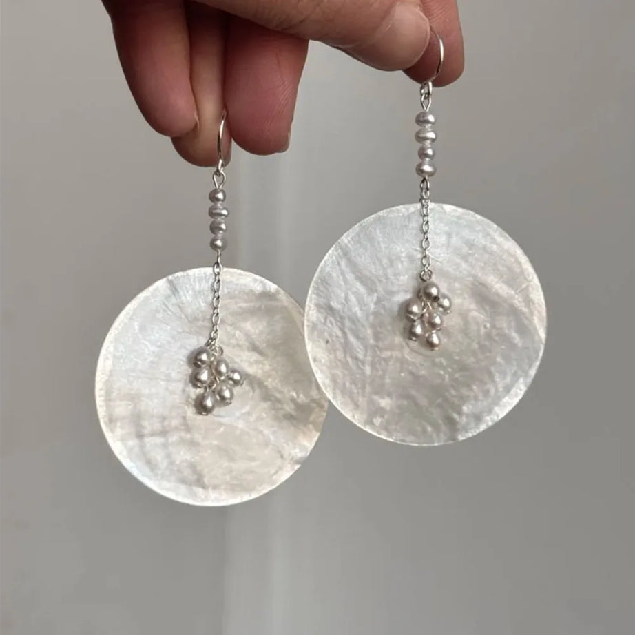 Shell Disc and Pearl Tassel Drop Earrings