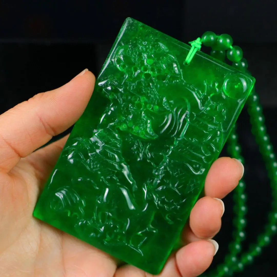 Myanmar ice species full green jadeite carving landscape landscape brand pendant
