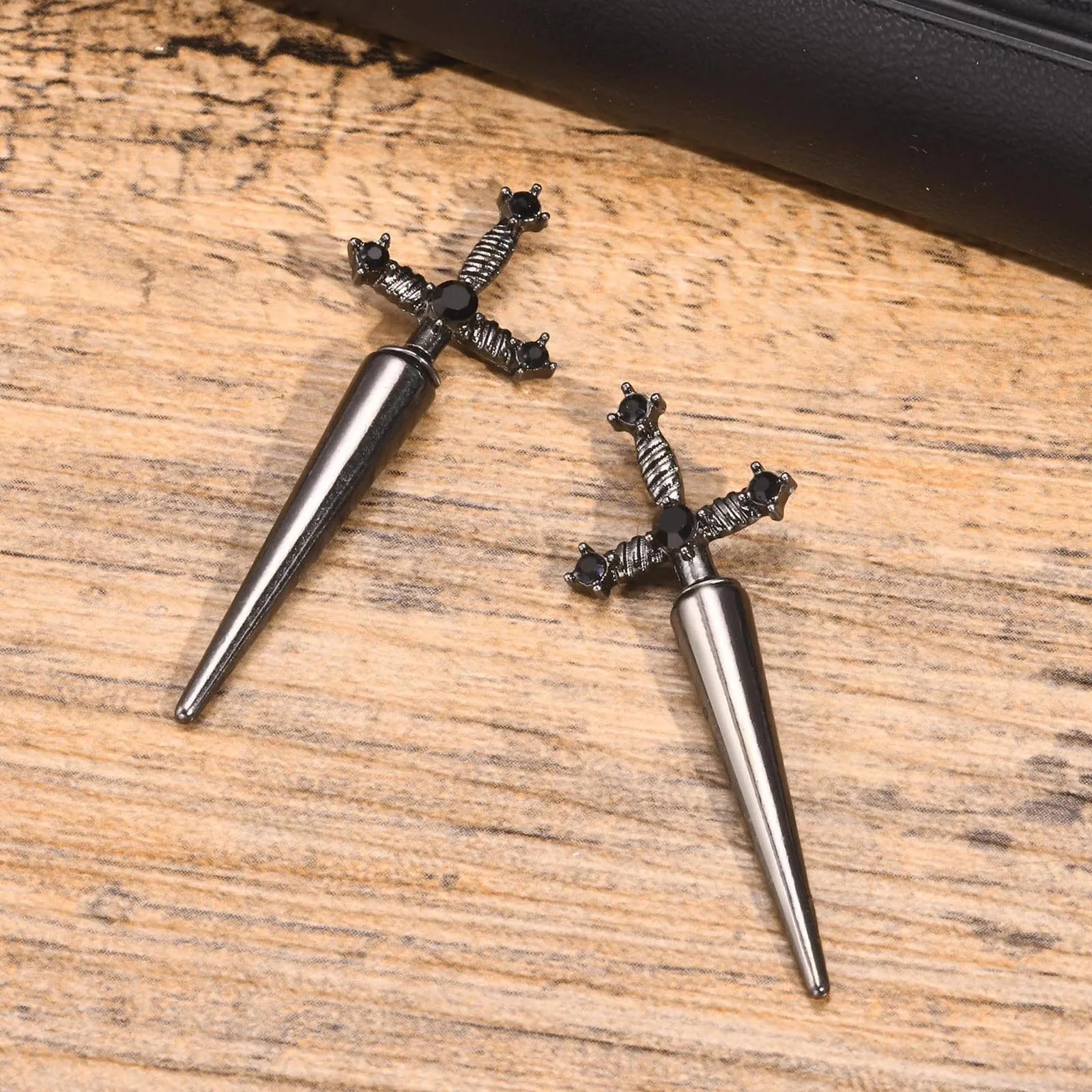 Gothic Sword Shaped Earrings for Men Boys,Metal Black Stone Cross Studs Earrings,Rock Punk Jewelry Anniversary Birthday Gifts - Charlie Dolly