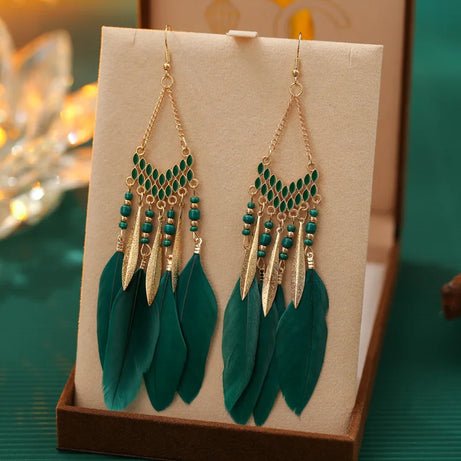 Feather Colorful Bead Long Tassel Earrings Jewelry