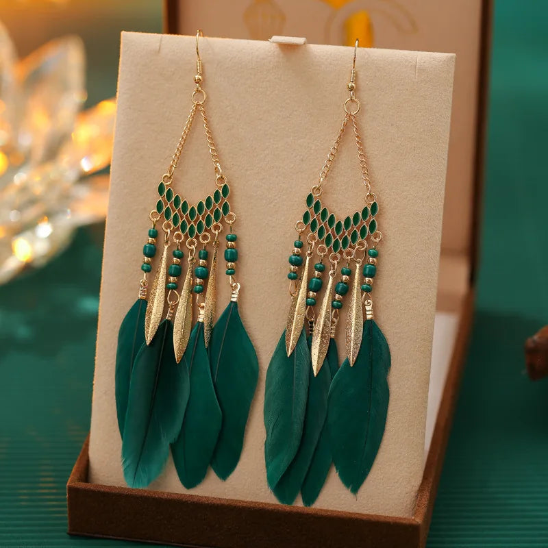 Bohemian Ethnic Feather Dangle Earrings For Women Trendy Long Tassel Colorful Beads Drop Earrings Girl Female Boho Jewelry