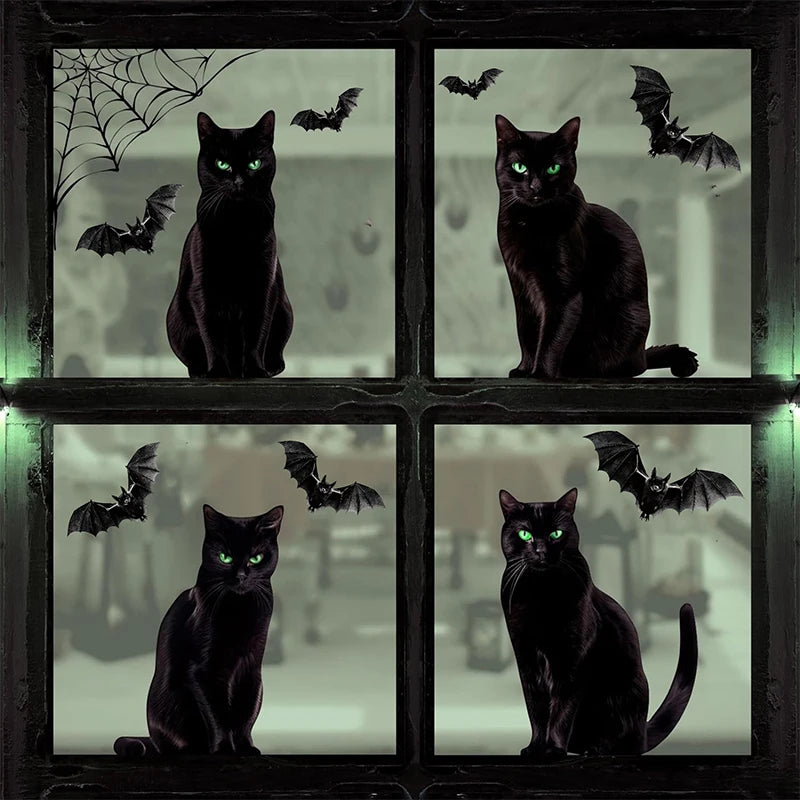 Halloween Decoration 2024 Black Cats Window Decals Halloween Window Sticker Spider Web Bat Black Cat Window Cling trick or treat - Charlie Dolly