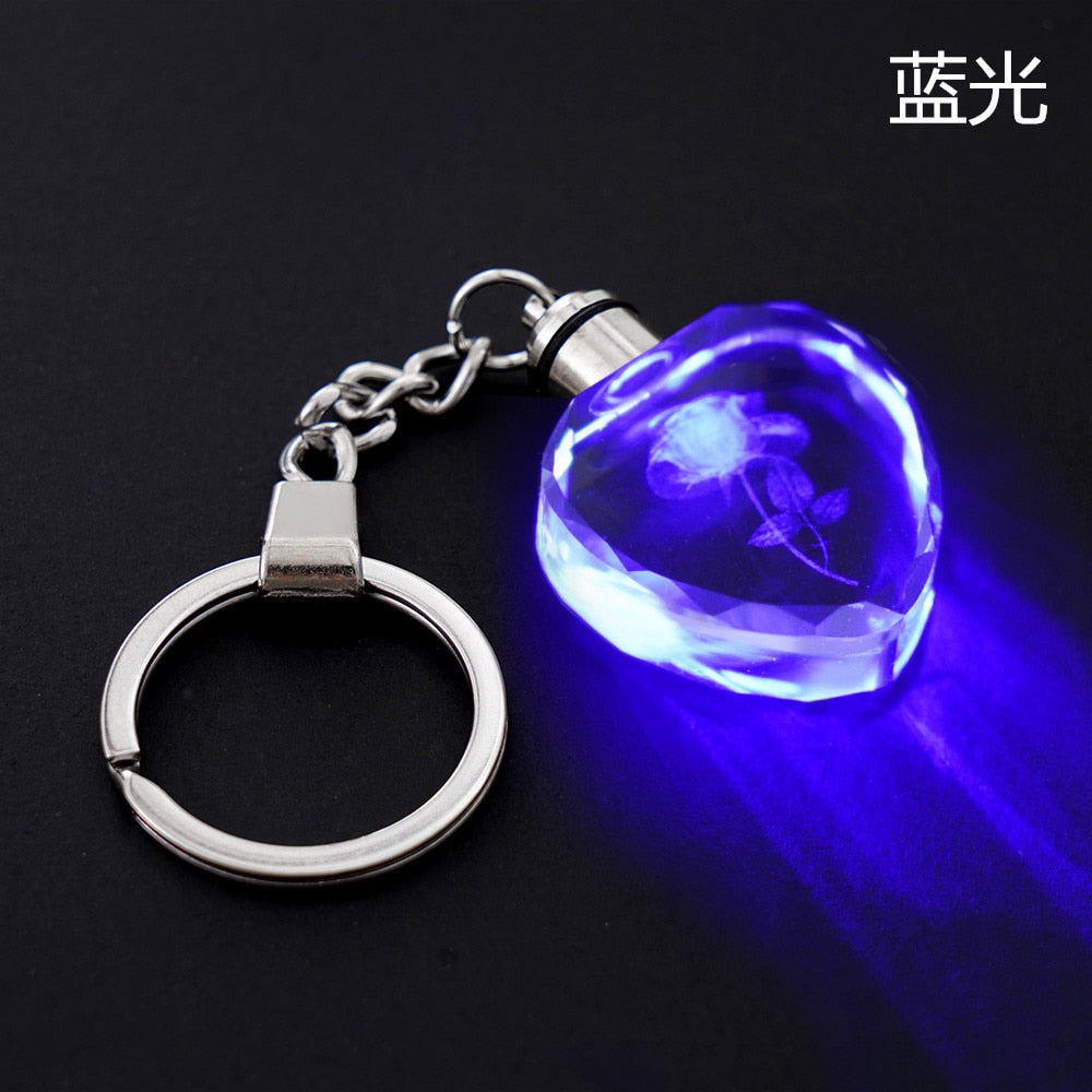 Fashion Colorful Fairy Rose Flower Pattern Love Shape Crystal Rhinestone LED Light keychain Lover Key Chain Keyring Jewelry - Charlie Dolly