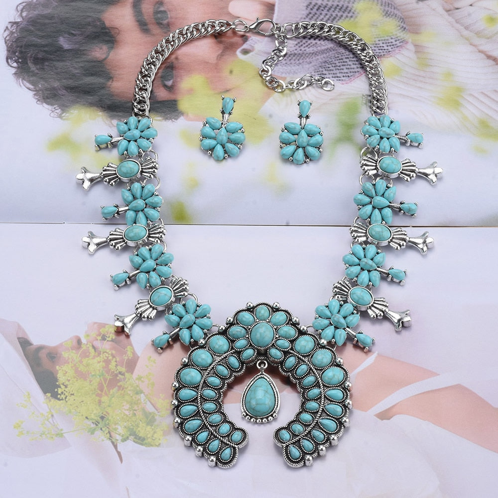 Squash Blossom Turquoise Bib Necklace Southwestern Jewelry Boho Envious Green Howlite Stone Tribal Statement Necklace Sets - Charlie Dolly