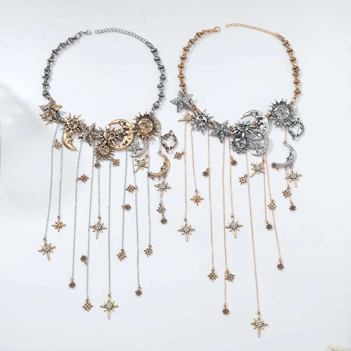 Exaggerated Multi-layered Tassel Pendant Necklace with Moon, Star, Sun, and Full Diamond Design for Women in Boho Style