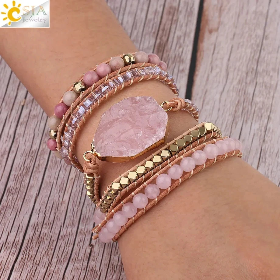 CSJA Natural Stone Bracelets Green Fluorite Crystal Aventurine Bead Leather Wrap Bracelet Multilayer Boho Jewelry Pulseira G118