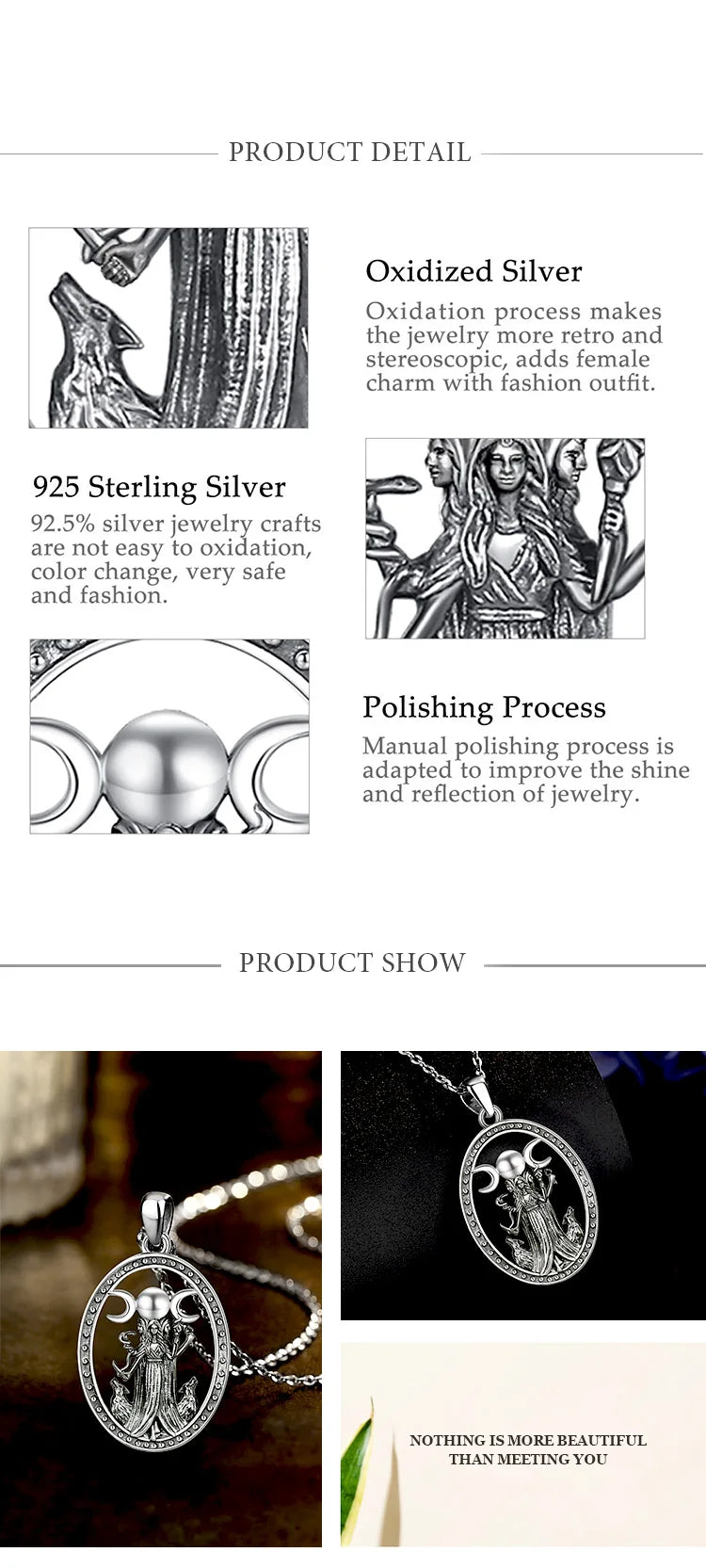 AEONSLOVE 925 Sterling Silver Hecate Pendant Triple Moon Goddess Necklace for Women Witch Pagan Jewelry Spiritual Amulet Gift