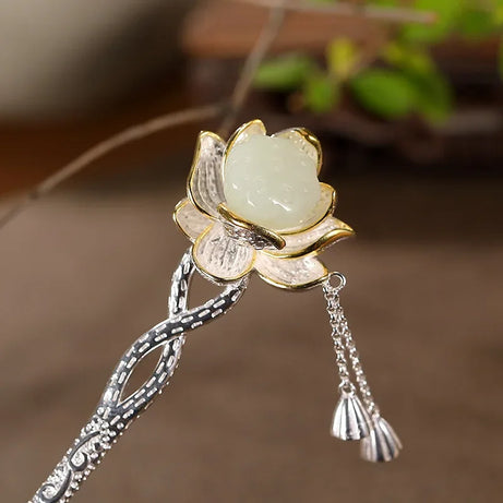 Natural Hotan Jade Lotus Flower Jewelry Set, Necklace Ring Bracelet Hairpin Boutique